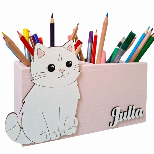 Przybornik na kredki, drewniany, różowy, 2 komorowy,  dla dziewczynki 