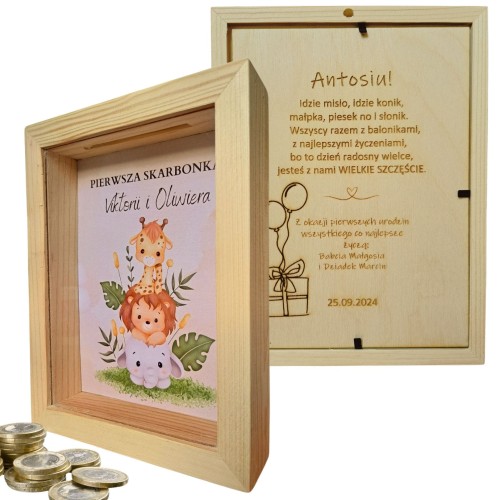 Pierwsza skarbonka z szybką + GRAWER  prezent   na urodziny