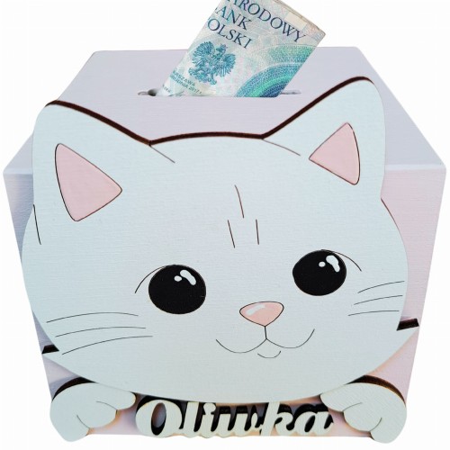 Skarbonka drewniana kotek z imieniem dla dziewczynki 