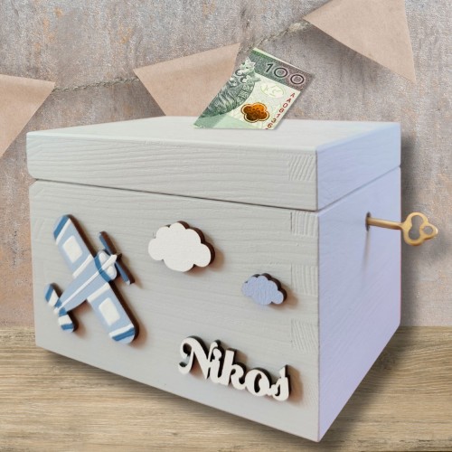 Duża skarbonka zamykana na kluczyk z samolotem skarbonka z imieniem  prezent dla chłopca