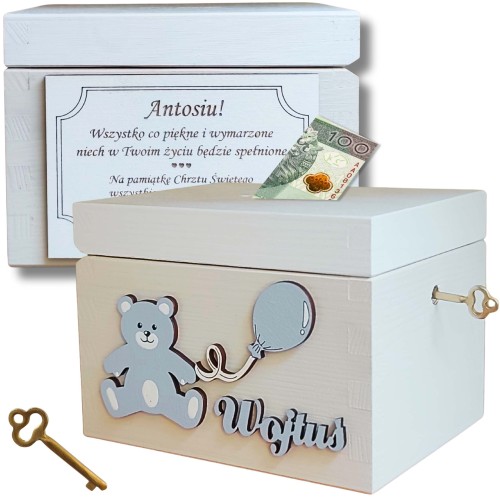 Skarbonka z kluczykiem prezent na chrzest z grawerem życzenia